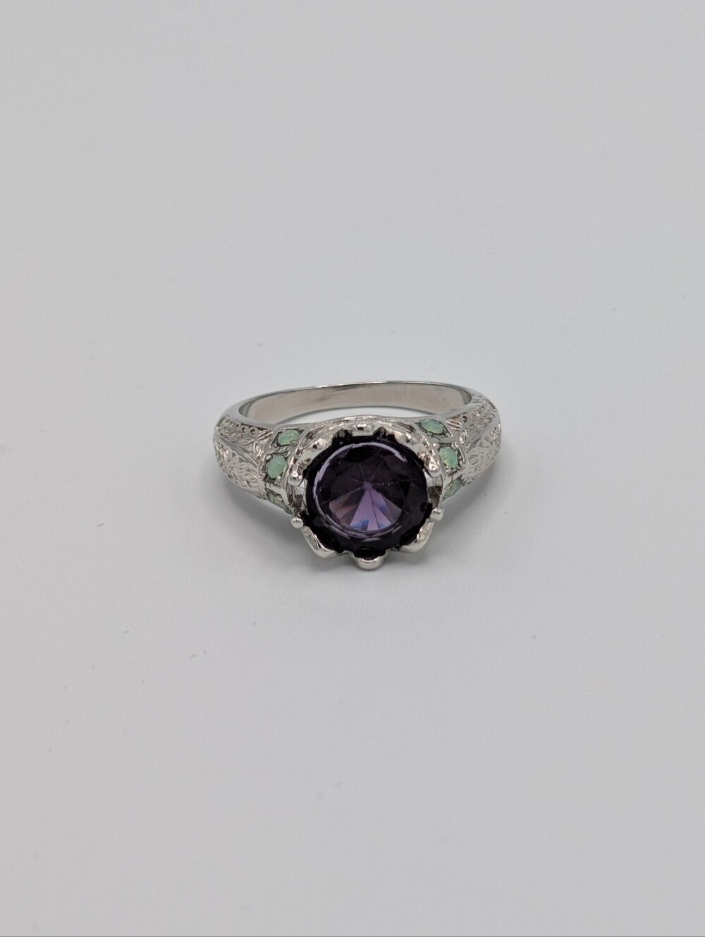 Art Deco Vintage Inspired Purple Faux Opal Statement Ring Silver Tone Filigree - Picture 10 of 13